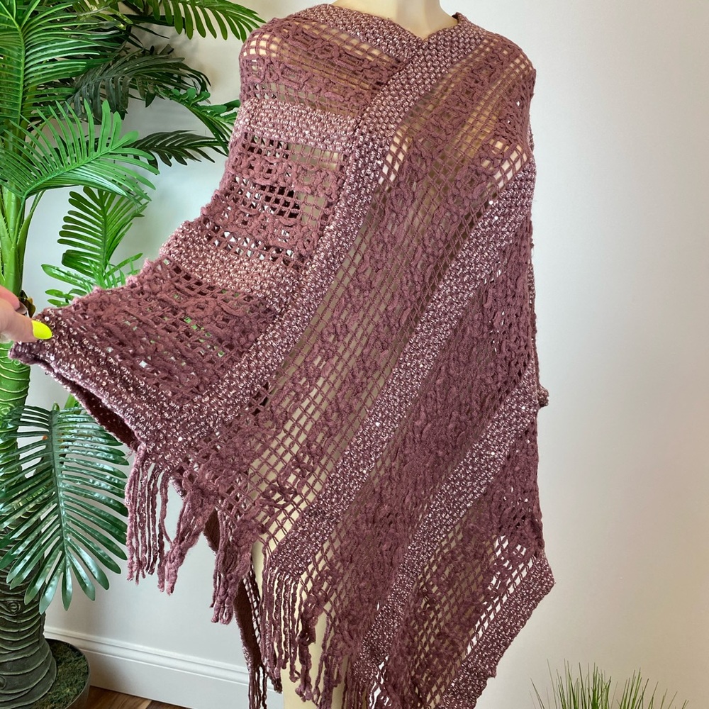 ‼️Mauve Pink Crochet Cover Up Sweater Tunic Pancho